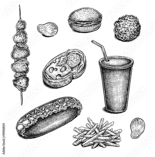 Collection of hand drawn ink fast food sketches.