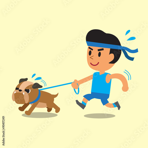 Cartoon man running with his bulldog