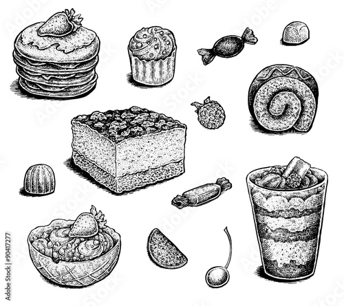 Collection of hand drawn ink desserts.