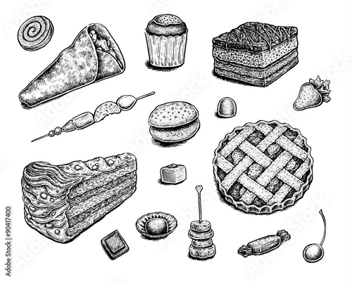 Collection of hand drawn ink desserts.