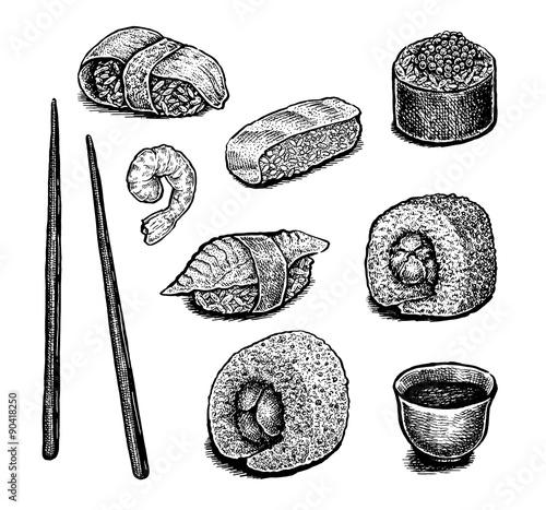 Set of hand drawn ink sushi