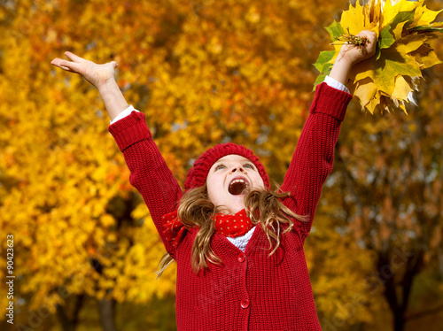 little girl outdoors  with autumn leaves photo