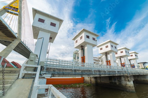 Klong ladpho flood way and Bhumiphol bridge across Chaopraya river in Thailand. photo