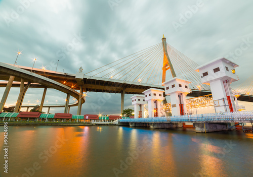 Klong ladpho flood way and Bhumiphol bridge across Chaopraya river in Thailand. photo