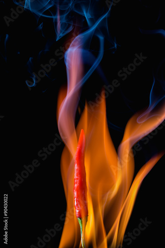 Red hot chili pepper with flame on black background