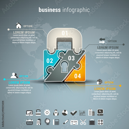 Business infographic with padlock made of puzzle.