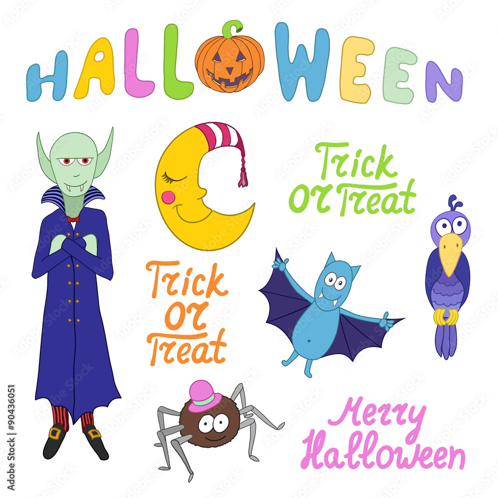 Fototapeta premium Set of cartoon halloween characters and words isolated on white