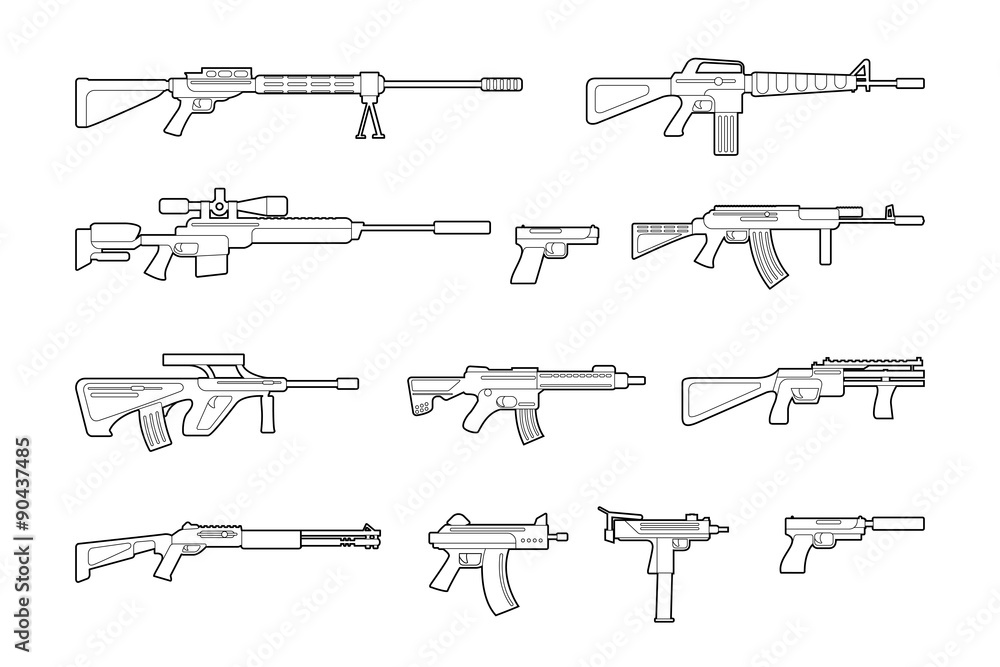 Vector machine guns and pistols line icons set