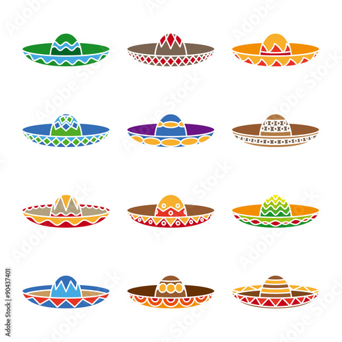 Mexican sombrero color flat icons set photo