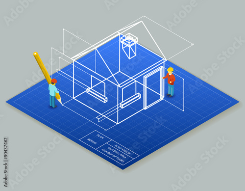 Architectural design blueprint drawing 3d isometric illustration