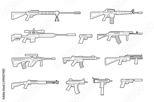 Vector machine guns and pistols line icons set