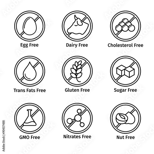 Food diet and GMO free icons set in line design style