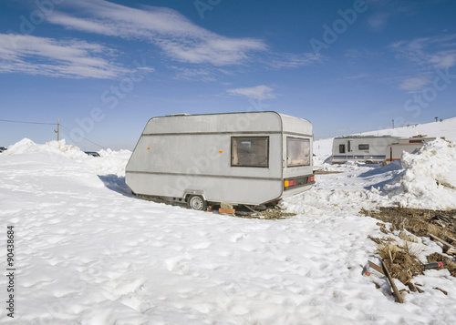 trailer, caravan, ice snow, winter
