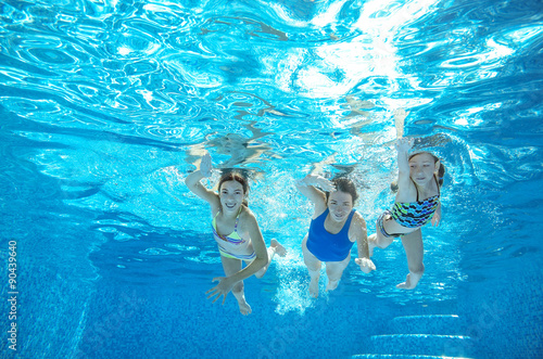 Family swim in pool or sea underwater  happy active mother and children have fun in water