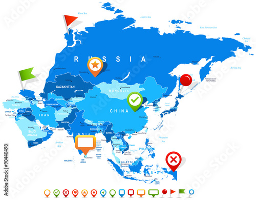 Asia map - highly detailed vector illustration. Image contains land contours, country and land names, city names, water object names, navigation icons.