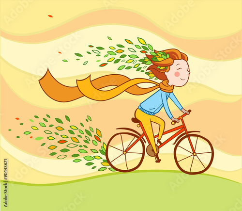 Girl on bike, autumn background.