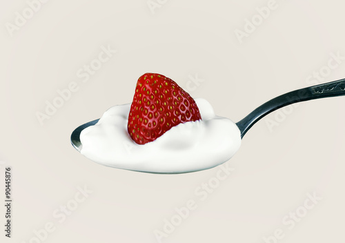 fresh strawberries and cream on a silver spoon