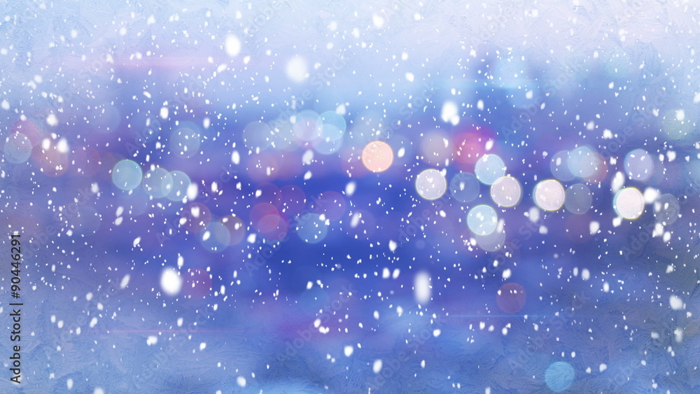 defocused lights evening wintry city and snowfall. Seamless loop motion background. 4k (4096x2304)
