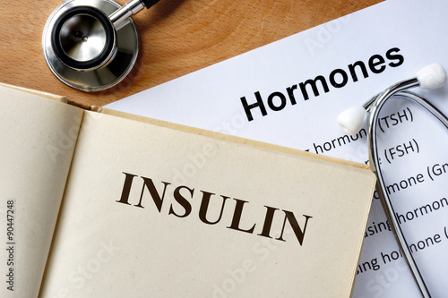 Insulin  word written on the book and hormones list. photo