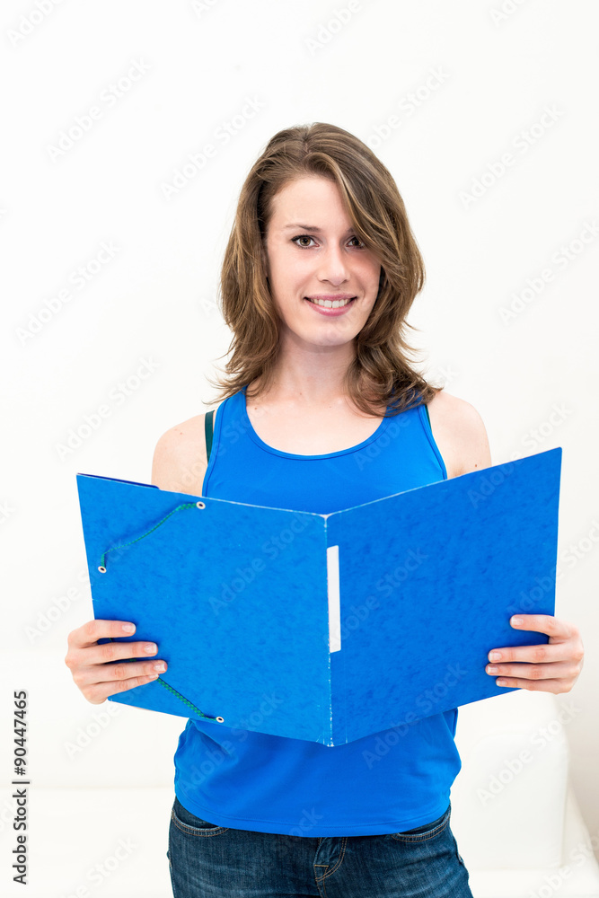 woman with a folder on a white background woman with a folder on a white background
