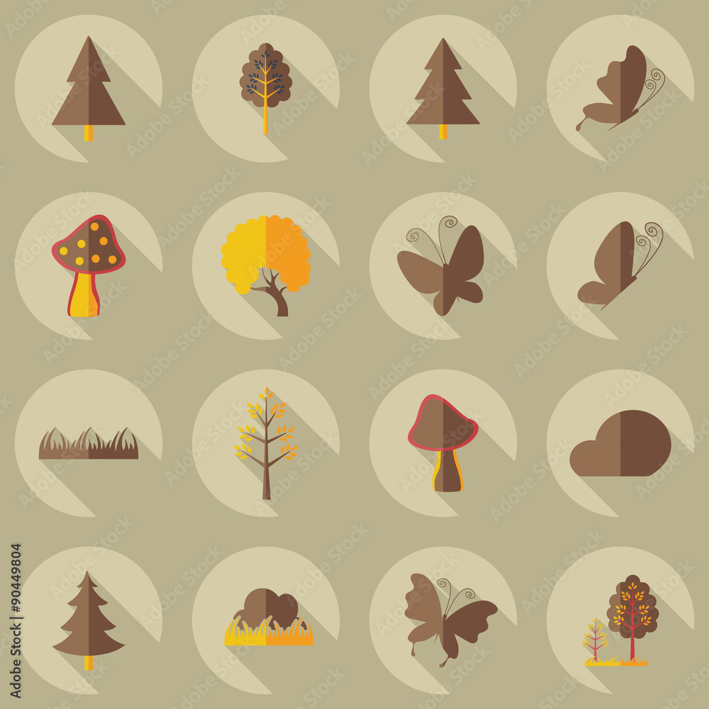 Flat concept, set modern design with shadow forest