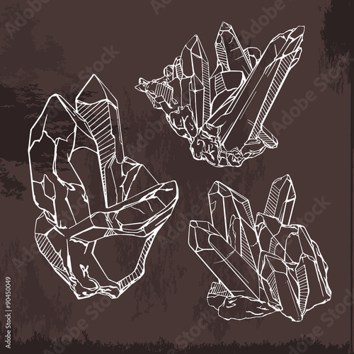 Hand drawing crystals set. Crystal gems sketch illustration