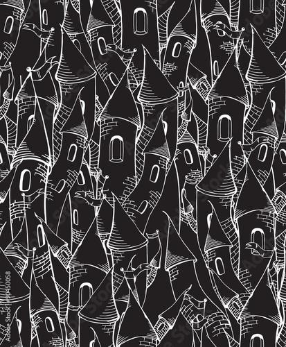 Seamless pattern with cartoon towers, sketch towers, black and white