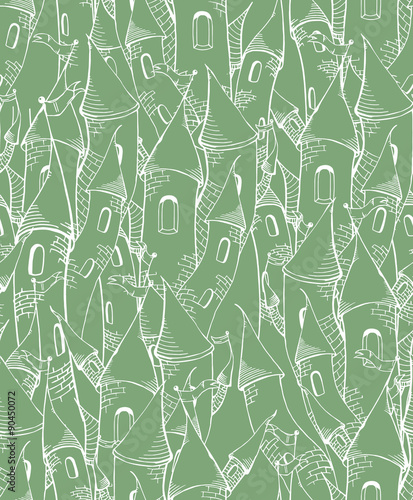 A green cartoon towers seamless pattern, sketch towers