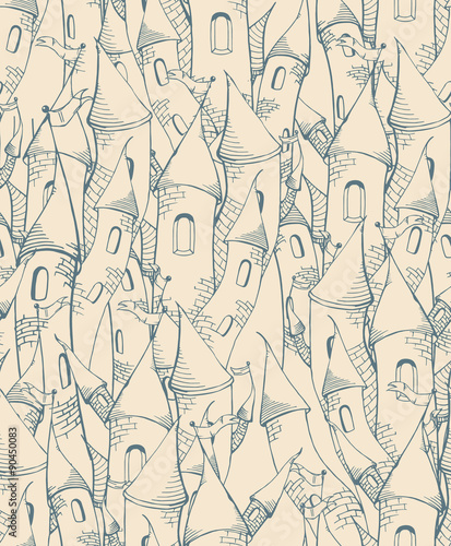 Seamless pattern with cartoon towers, sketch towers, beige and blue