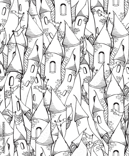 Seamless pattern with cartoon towers, sketch towers, black and white