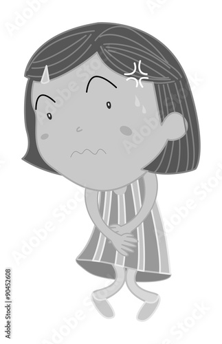 Girl holding her stomach and twisting legs