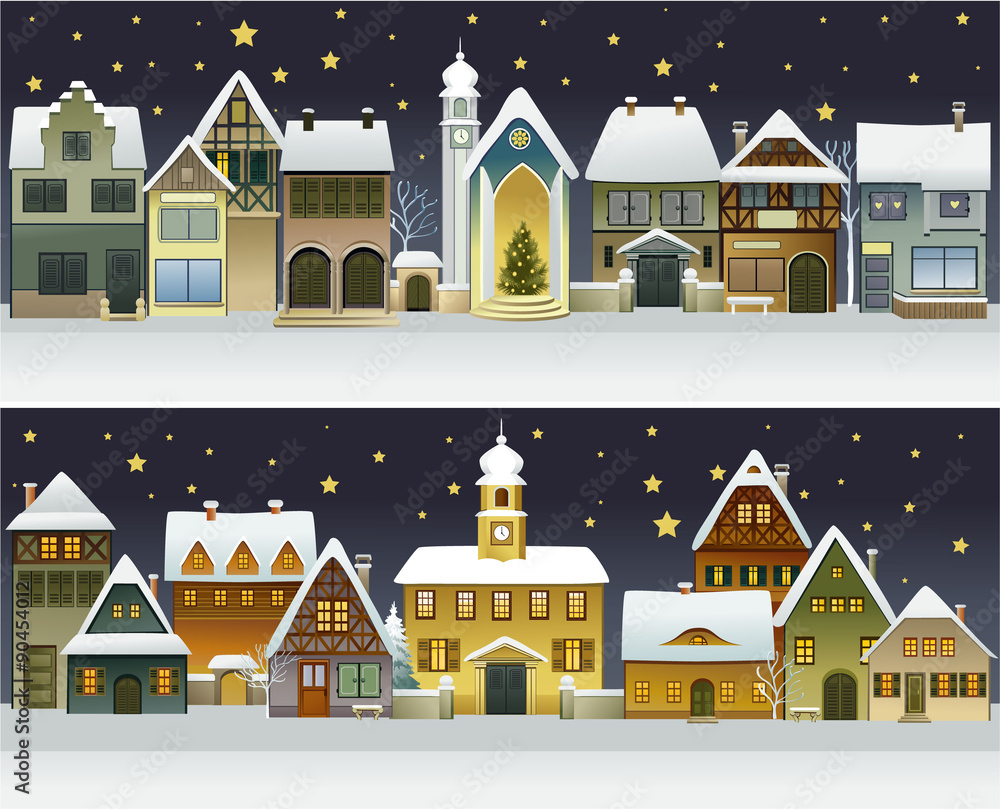 Winter banners with cartoon houses 