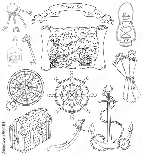 Black and white set of pirate theme objects.