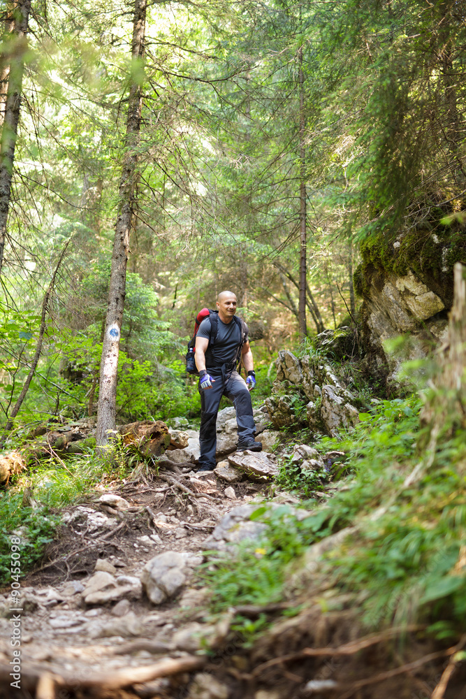 Man hiker on a marked trail through the forest