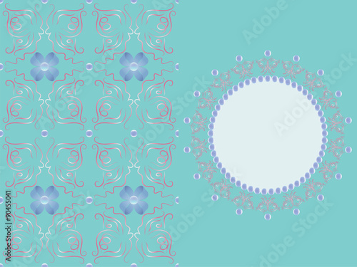 Seamless pattern and decorative element with space for text. For postcard, album cover or artwork. With abstract butterfly shape silhouette, beads and tapes