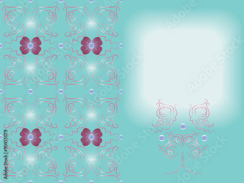 Seamless pattern and decorative element with space for text. For postcard, album cover or artwork. With abstract butterfly shape silhouette, beads and tapes