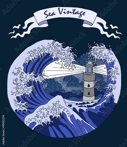 Hand drawn illustration with lighthouse in storm