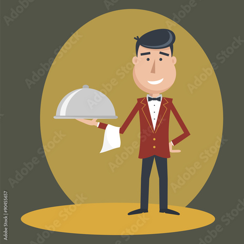Waiter with dish on outstretched arm.
