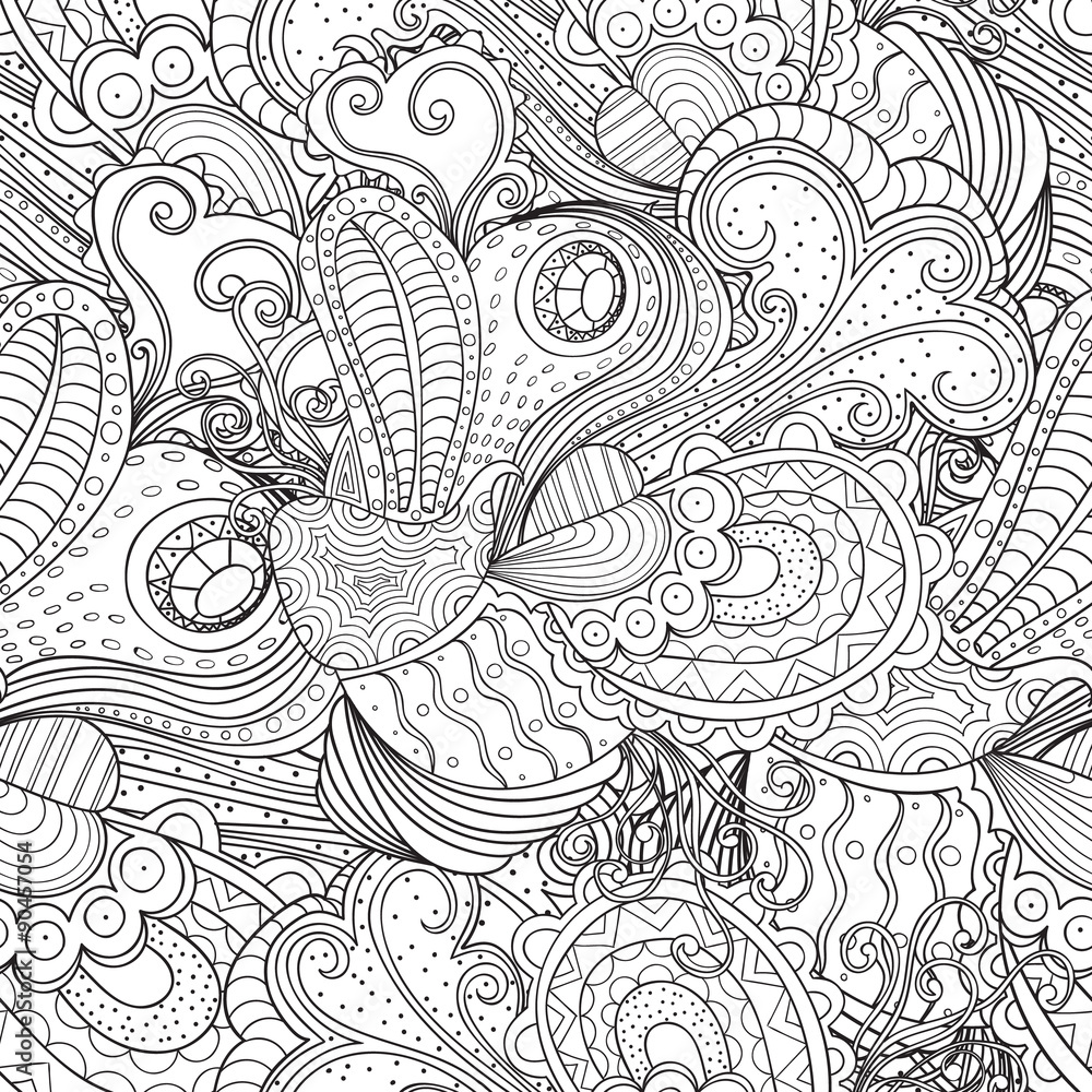Black and white doodle seamless pattern. Hand-drawn wavy zentangle background. Black and white doodle seamless pattern. Hand-drawn wavy zentangle background.