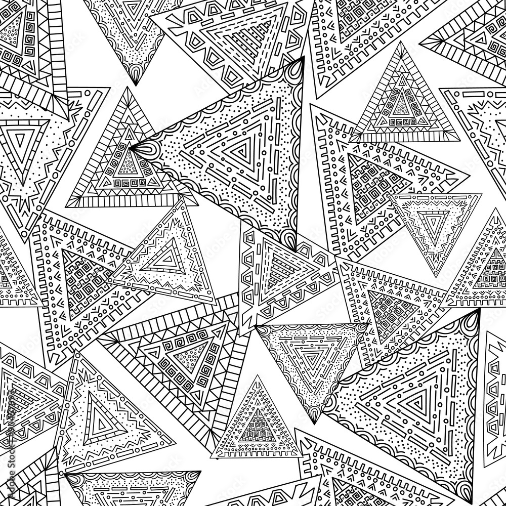 Fototapeta premium Triangle ethnic seamless pattern. Tribal ornaments hand-drawn background.