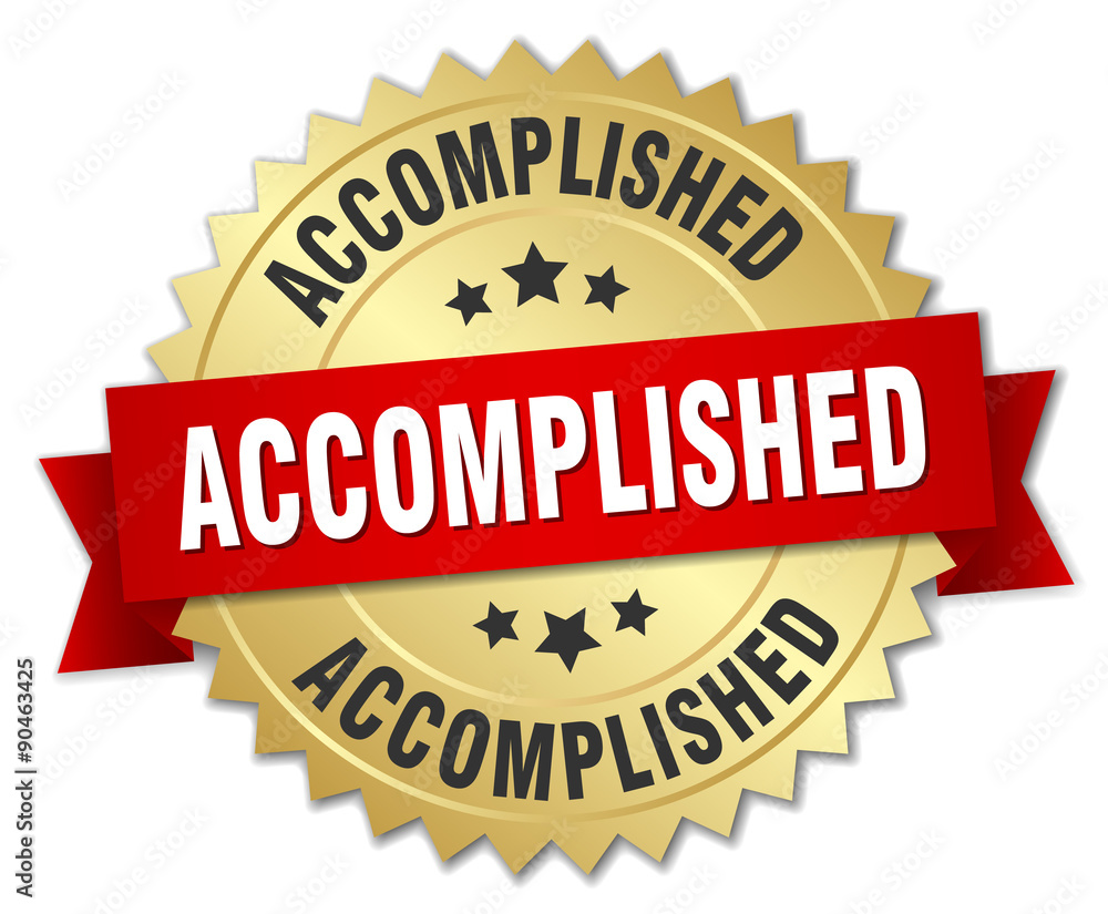 accomplished 3d gold badge with red ribbon accomplished 3d gold badge with red ribbon