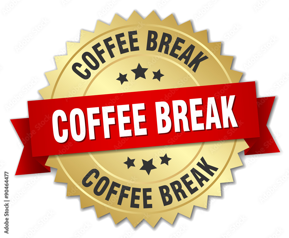 coffee break 3d gold badge with red ribbon coffee break 3d gold badge with red ribbon