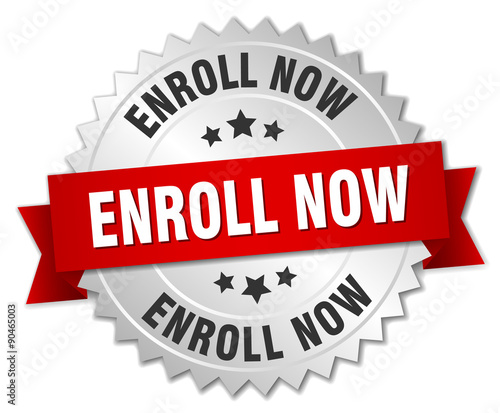 enroll now 3d silver badge with red ribbon