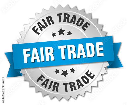 fair trade 3d silver badge with blue ribbon