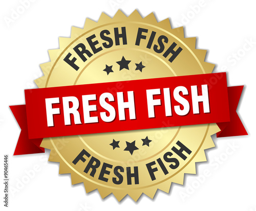 fresh fish 3d gold badge with red ribbon