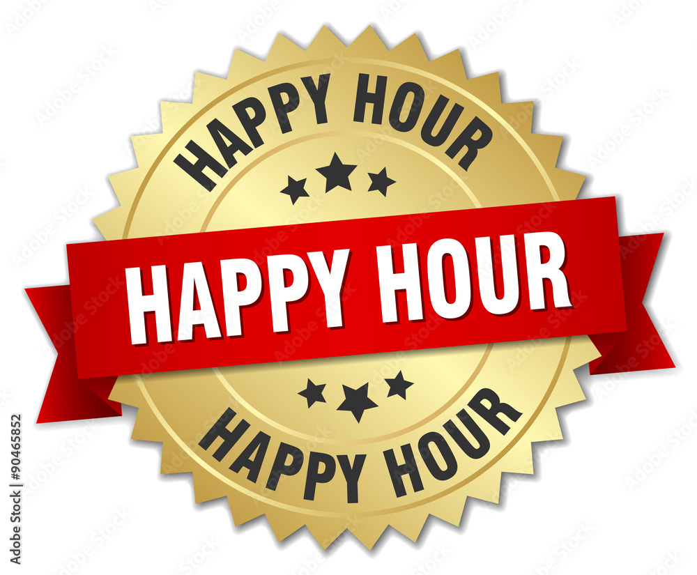 happy hour 3d gold badge with red ribbon happy hour 3d gold badge with red ribbon