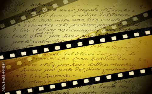 Grunge film strip background with ancient writing