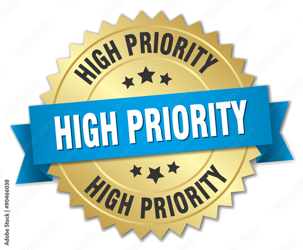 high priority 3d gold badge with blue ribbon