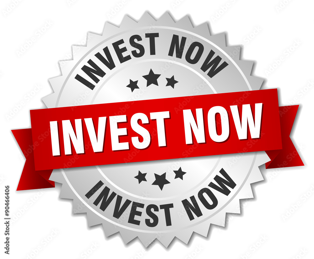 invest now 3d silver badge with red ribbon invest now 3d silver badge with red ribbon
