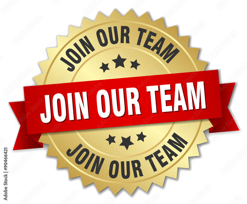 join our team 3d gold badge with red ribbon join our team 3d gold badge with red ribbon